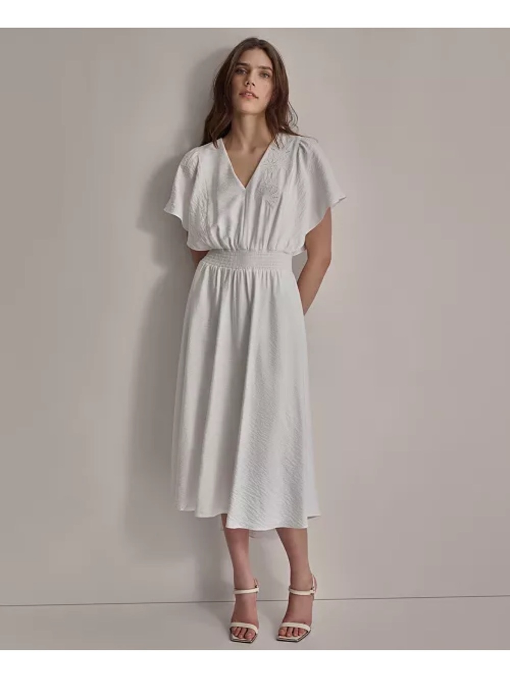 DKNY Purple V-Neck Midi Dress with Smocked Waist